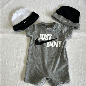 Newborn Nike Gray and Black Bodysuit One Piece and 2 hats